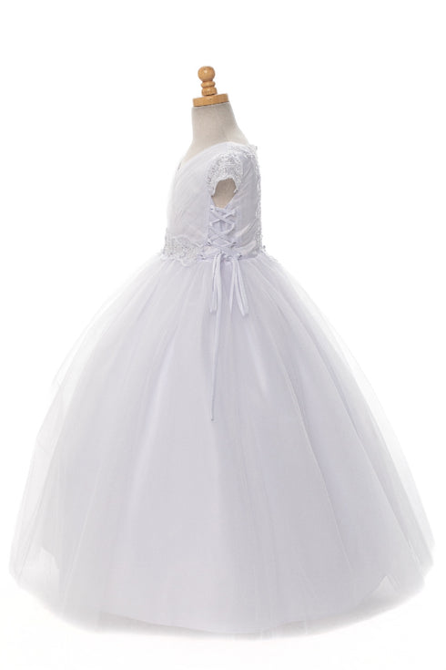 Rainkids Girls White Cap Sleeve Floral Trim Plus Size Communion Dress 7.5-20.5 - SophiasStyle.com